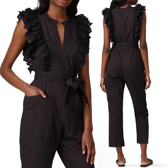 Apiece Apart Jumpsuit Limon Eyelet Ruffle Cotton Crop Sleeveless Black Womens 6 - Picture 1 of 11
